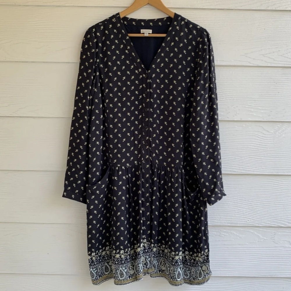 Garnett Hill Navy Blue Floral Midi Dress Size 10 Pockets Lined